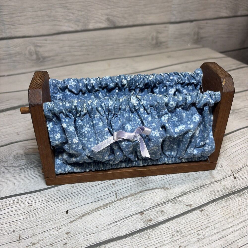 Vintage Curtain Napkin Holder Wood Ditsy Floral Cottagecore Decor Blue Ruffle